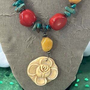Bead & Stone Necklace with Flower Pendant on Sterling Silver Clasp